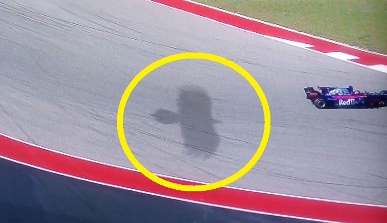 A giant bird flew over the race track during the US Grand Prix