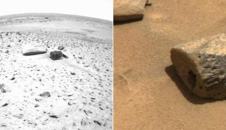 A stone with a perfectly flat rectangular recess found on Mars