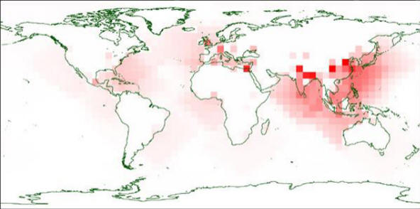 Places are the most vulnerable to people (according to Nick Bailey). The redder, the more victims from the fall of the asteroid