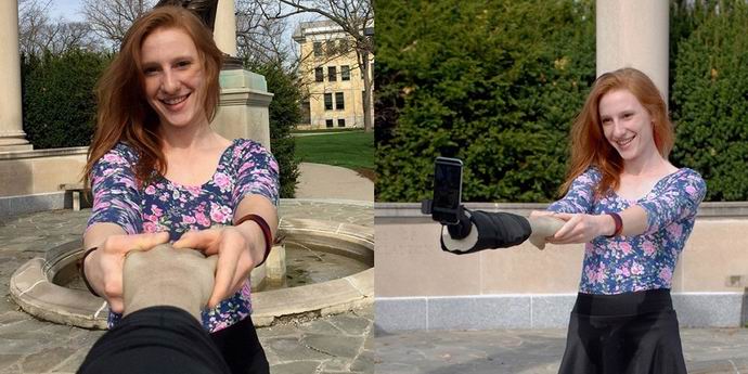 A selfie stick evolved into a fake satellite hand