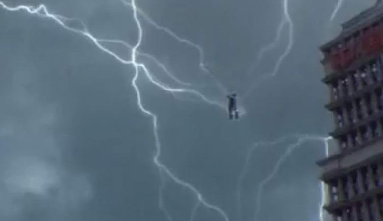 Does a man soaring in the sky draw lightning?