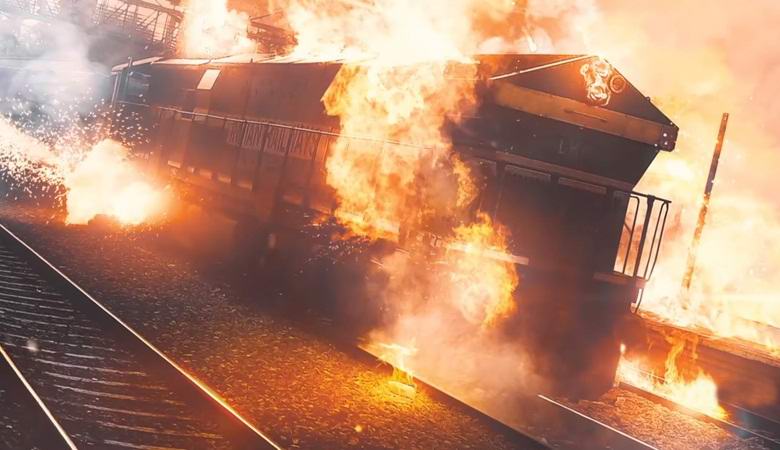 The Russian train drove through a burning forest