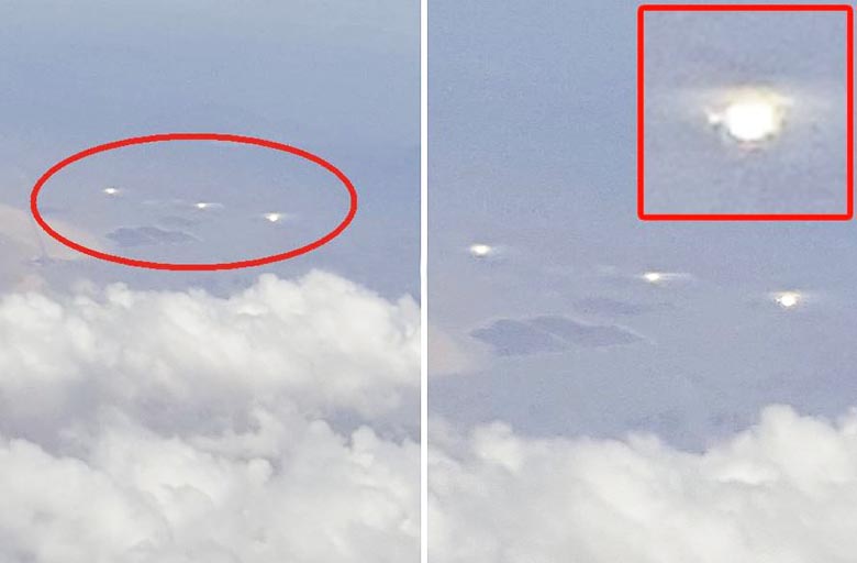 Three luminous UFOs seen by aircraft passengers