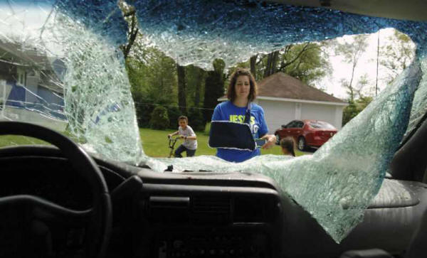 A deer fallen from the sky pierced the windshield of a car