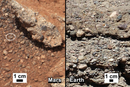 The bed of a dried-up stream on Mars (left) and on Earth (right) NASA / JPL-Caltech